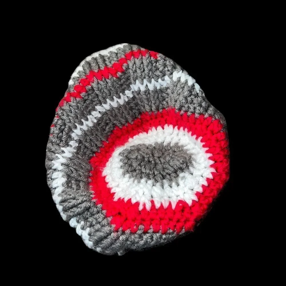 Handmade child’s‎ knit stocking cap in Ohio State University’s Scarlet and Grey